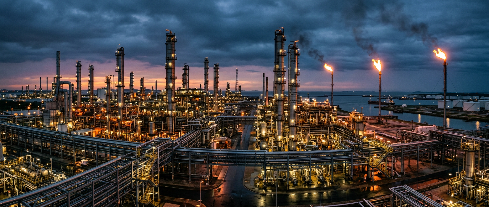 Industrial engineering and construction site at dusk